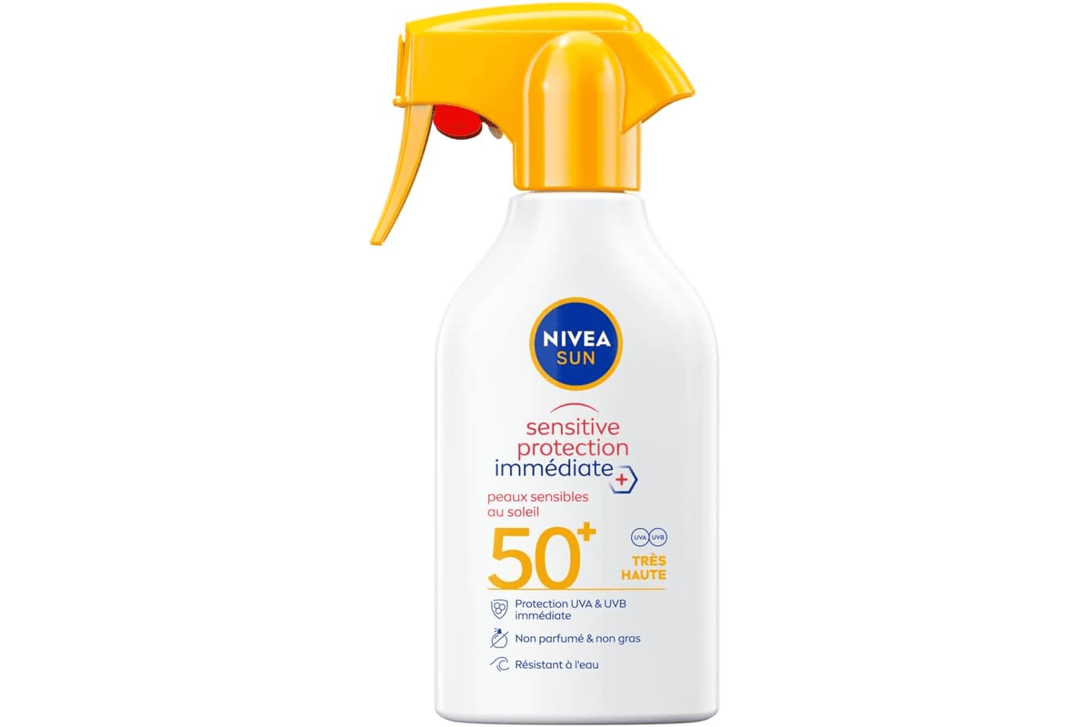 Nivea SUN spray solaire sensitive protection immediate peaux sensibles FPS 50 250ml anti UV non grasse sans parfum resistante eau