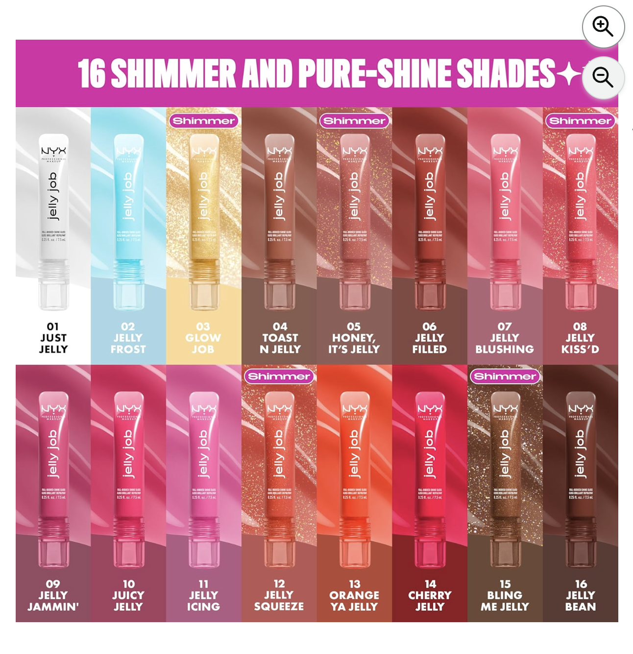 NYX Jelly Job : les 16 teintes disponibles (shimmer et pure-shine)
