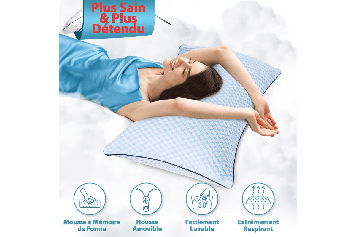 Oreiller mémoire forme ergonomique cervical 40x60 coussin refroidissement housse lavable hauteur personnalisable antibactérien 30,95 € Amazon