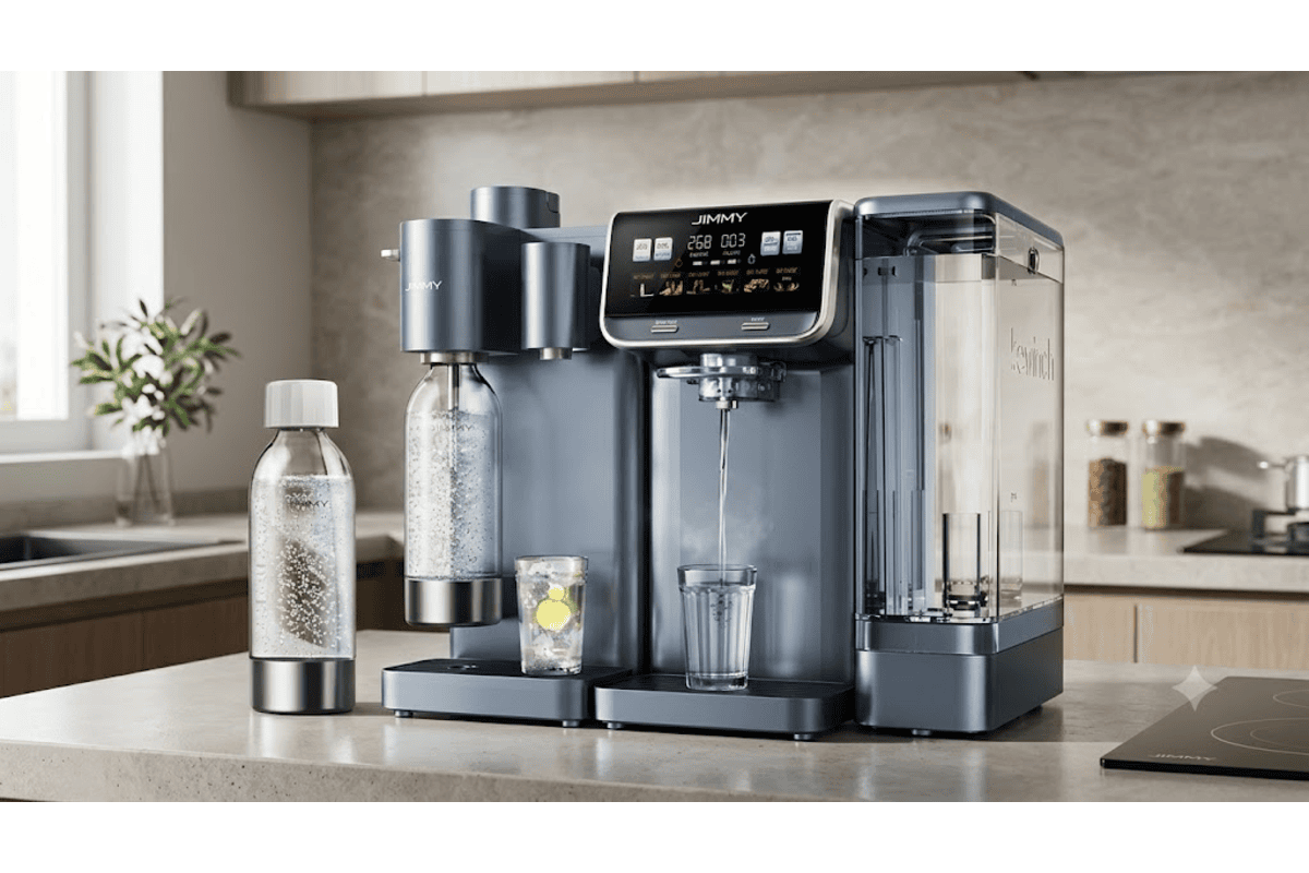 Pack JIMMY Matrix M9 Pro + S9 purificateur eau osmose inverse eau chaude instantanée eau pétillante froide cuisine moderne plan de travail bouteille gazéification verre eau citronnée écran tactile