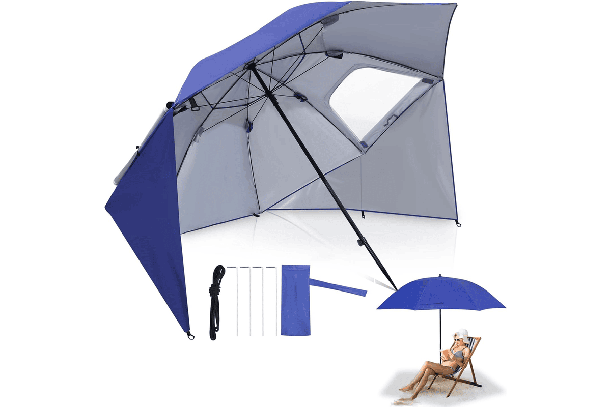 Parasol plage Fiqops Strandmuschel 2 en 1 aluminium déporté anti-vent protection solaire plage jardin terrasse