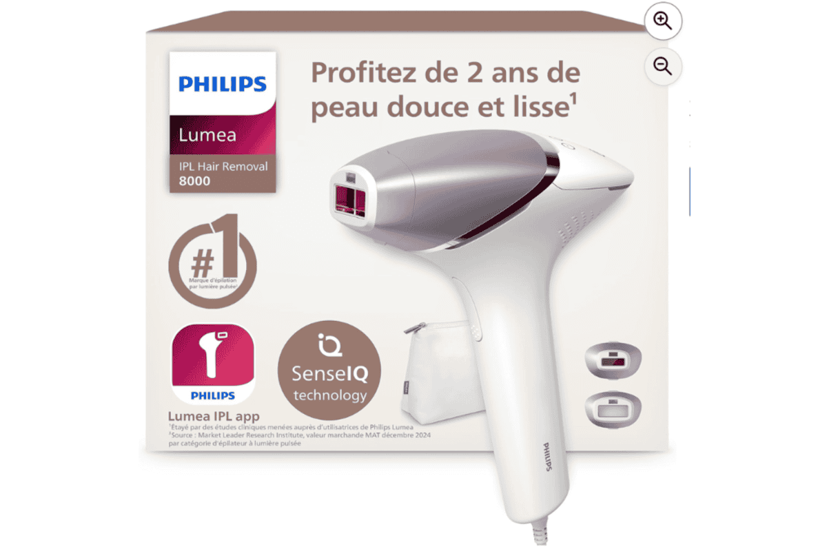 Philips Lumea Series 8000 IPL à 279,99 € au lieu de 599,99 € sur Amazon (-53 %, -320 € d'économie) : épilateur à lumière pulsée IPL n°1 marque préférée des dermatologues, technologie SenseIQ qui s'adapte automatiquement à la carnation, 4 embouts (corps, visage, maillot, aisselles), 2 ans de peau douce et lisse, 450 000 flashs, appli Philips Lumea IPL