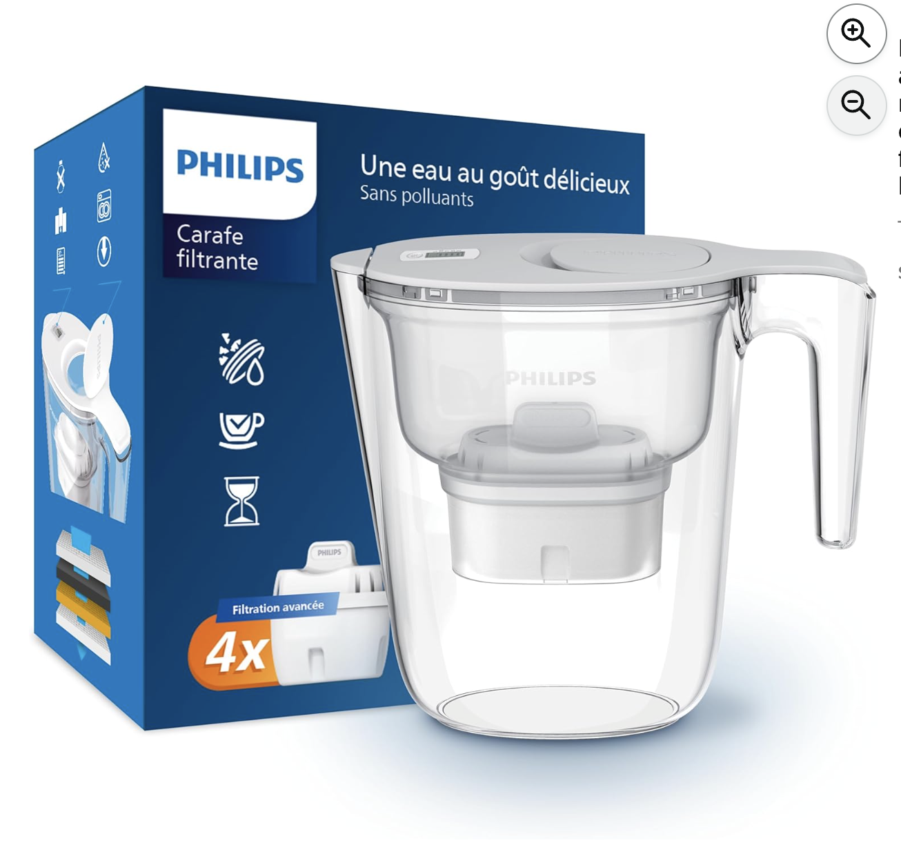 Carafe filtrante Philips Water 2,6 L avec 4 cartouches Filtration Avancée