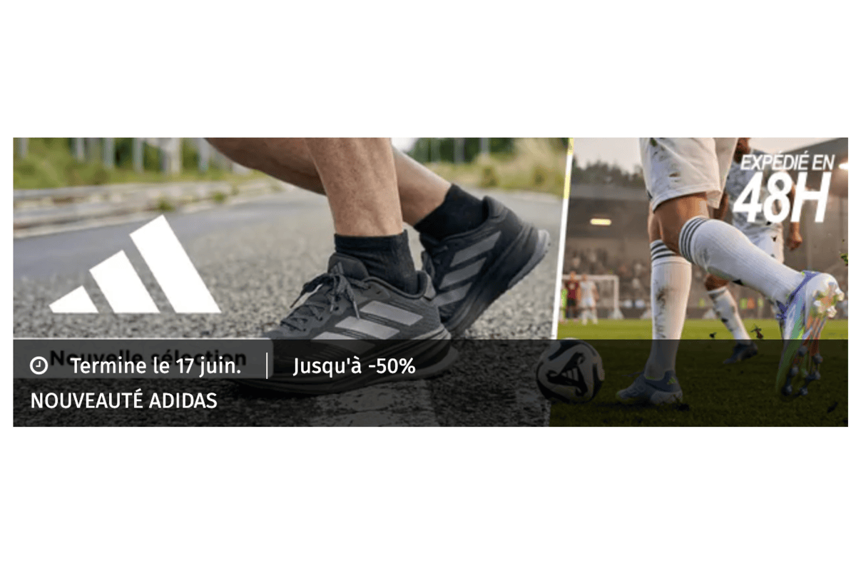 Bandeau Private Sport Shop : Nouveauté Adidas jusqu'à -50 %, chaussures de sport noires sur fond running et football, expédié en 48 h, termine le 17 juin