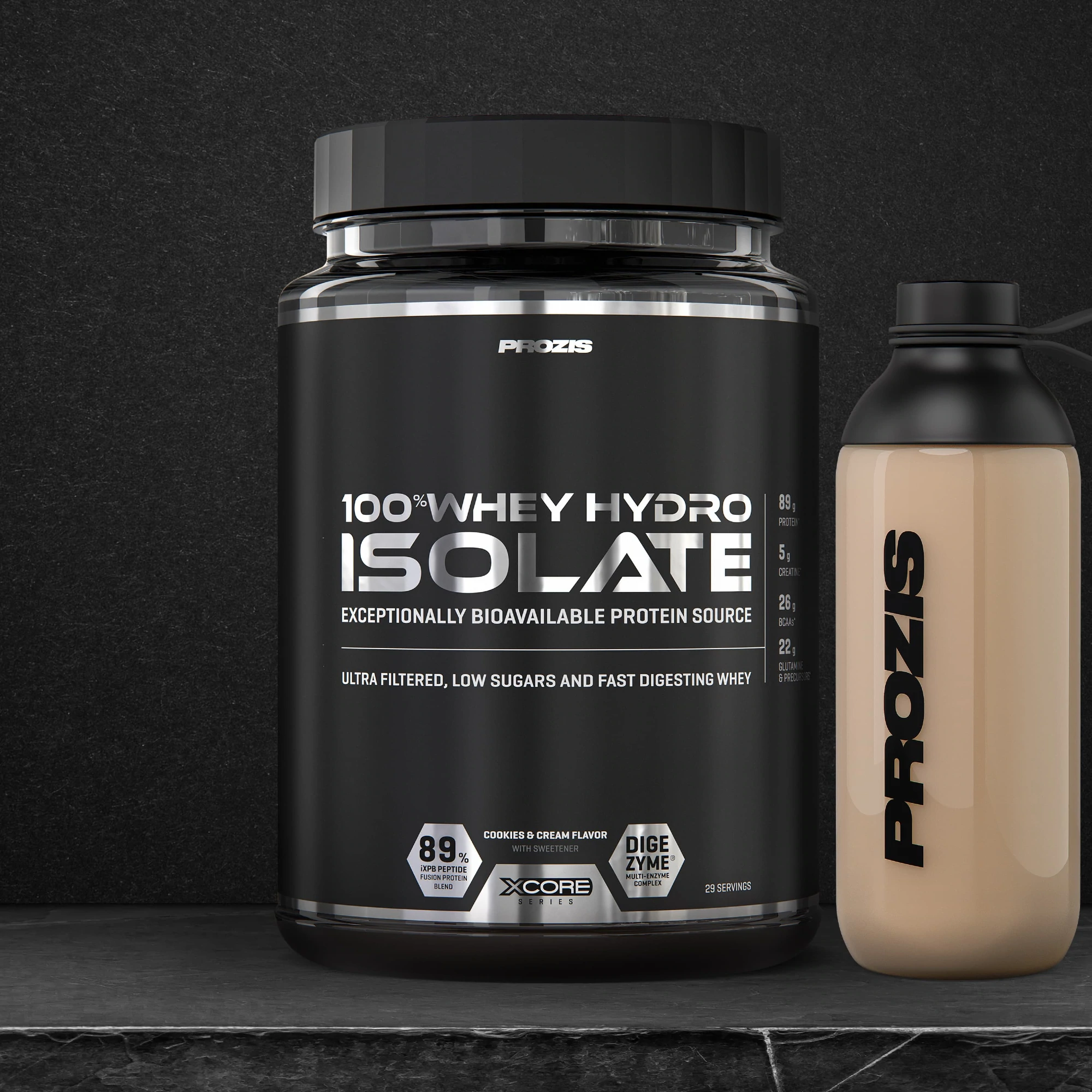 Pot de 100% Whey Hydro Isolate Prozis 900 g parfum Biscuits et Crème