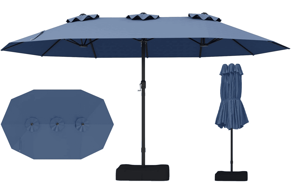 Relax4Life grand parasol double avec pied 4,7 m parasol jardin extérieur manivelle 12 baleines base croix sacs de sable 127,29 € Amazon