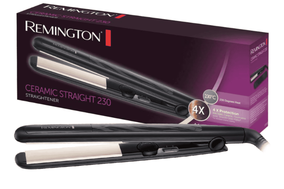 Remington S3500 Ceramic Slim — lisseur dès 12,89 € sur Amazon : plaques flottantes céramique tourmaline antistatique 110 mm, chauffe ultra-rapide en 15 secondes jusqu'à 230°C, 4x Protection anti-frisottis, brillance, cordon rotatif 1,8 m et pochette thermo incluse