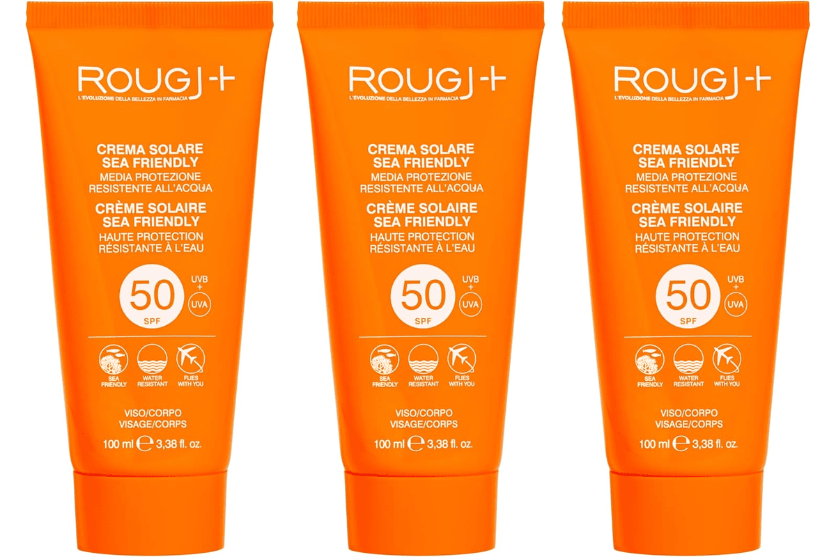 Rougj creme solaire SPF 50 plus visage corps 100ml lot de 3 protection solaire tres haute resistante eau peaux sensibles