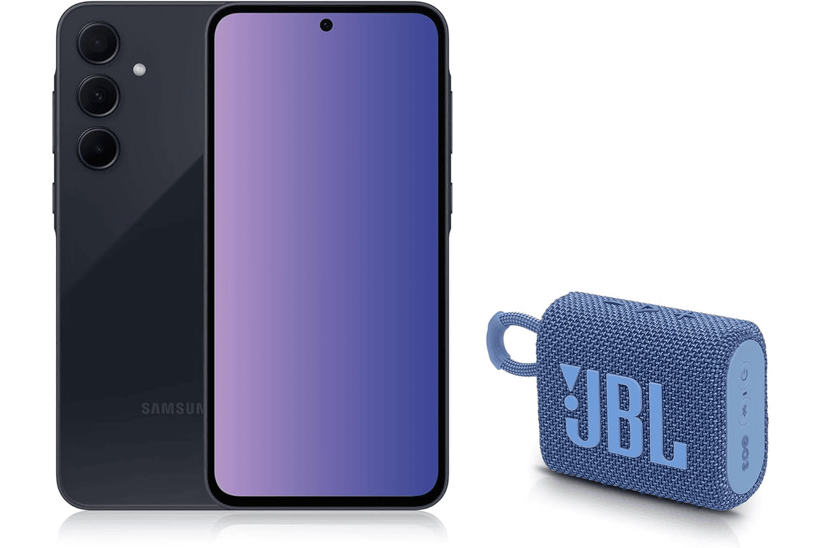 Samsung Galaxy A35 5G 128 Go bleu nuit smartphone Android avec enceinte JBL GO3 ECO offerte exclusivite Amazon pack