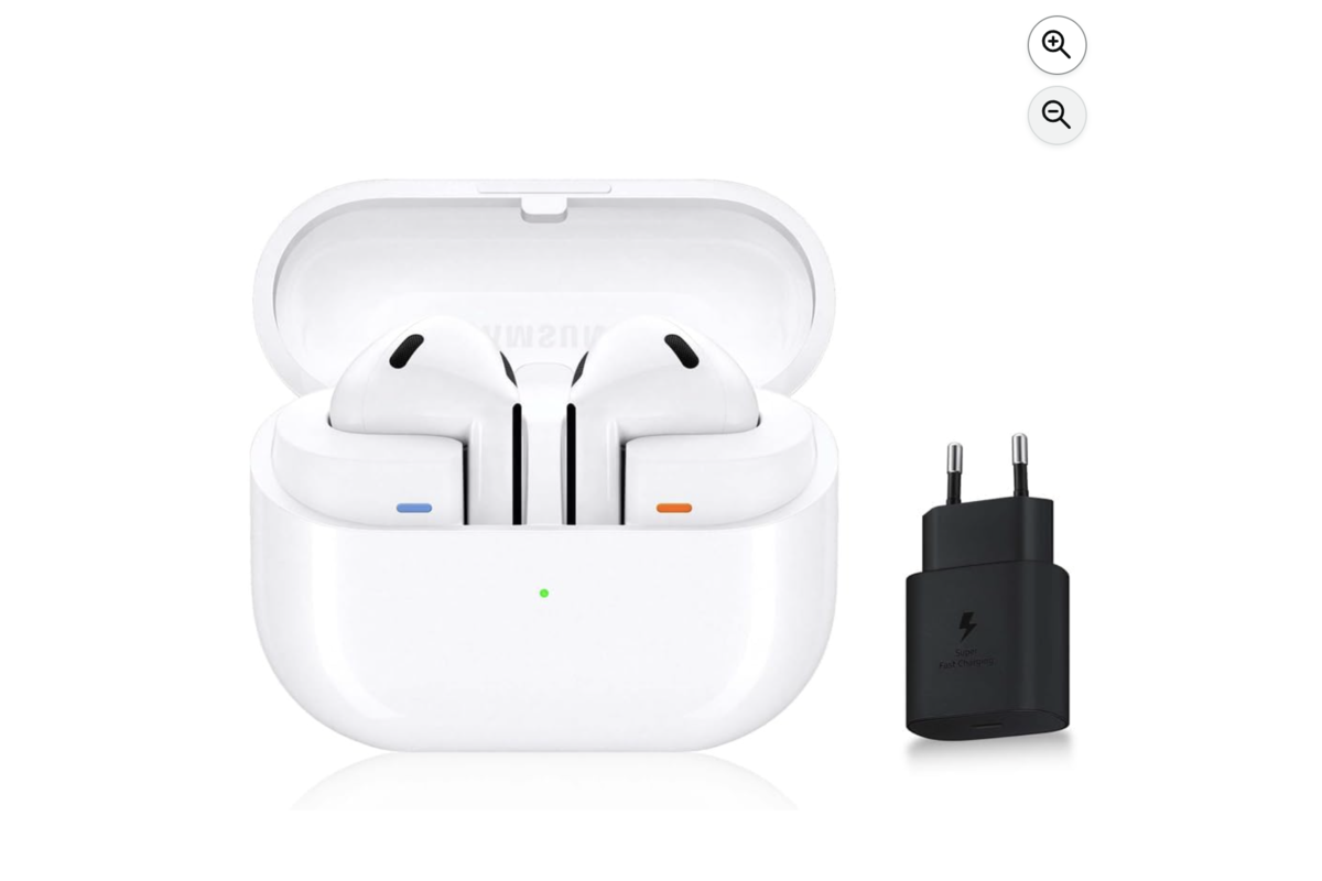 Samsung Galaxy Buds3 blanc avec boîtier de charge et chargeur secteur 25W Type-C