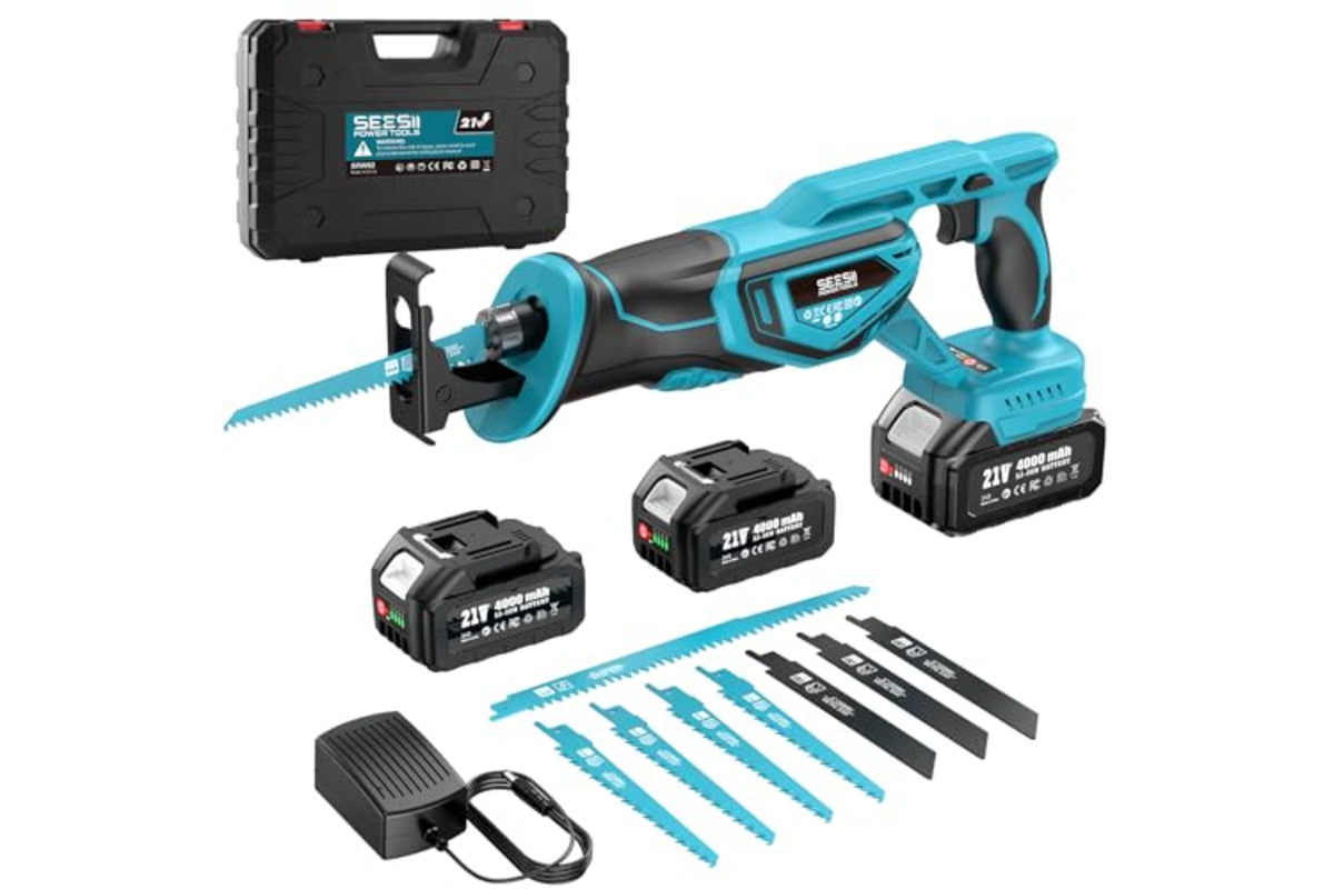 Seesii scie sabre sans fil 21V moteur sans balais 2 batteries 4Ah 8 lames bois metal PVC