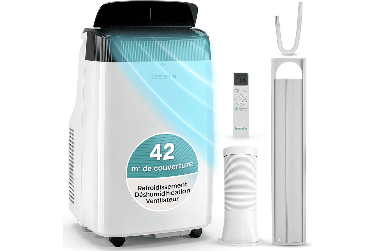 SereneLife climatiseur mobile 9000 BTU WiFi sans unité extérieure mode nuit ventilateur déshumidificateur kit fenêtre inclus 446,99 € Amazon