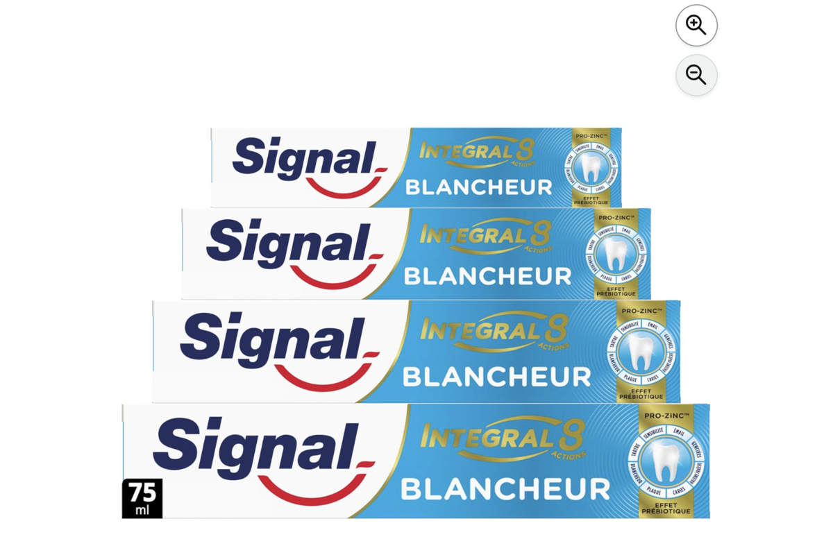 Signal Integral 8 Blancheur dentifrice lot de 4 tubes 75ml prébiotique 96% origine naturelle