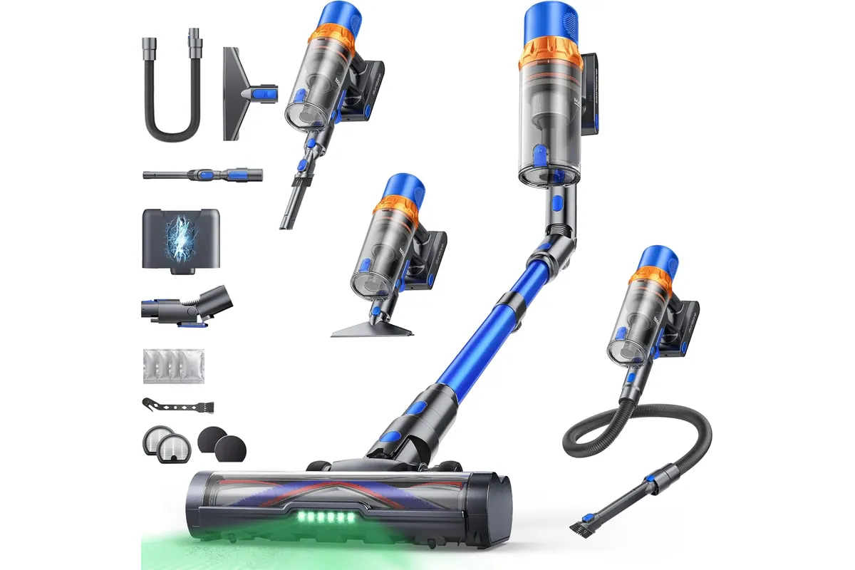 Aspirateur balai sans fil SunSare bleu et gris avec ses accessoires: tuyau flexible, suceur long, brosse motorisée à LED et station murale