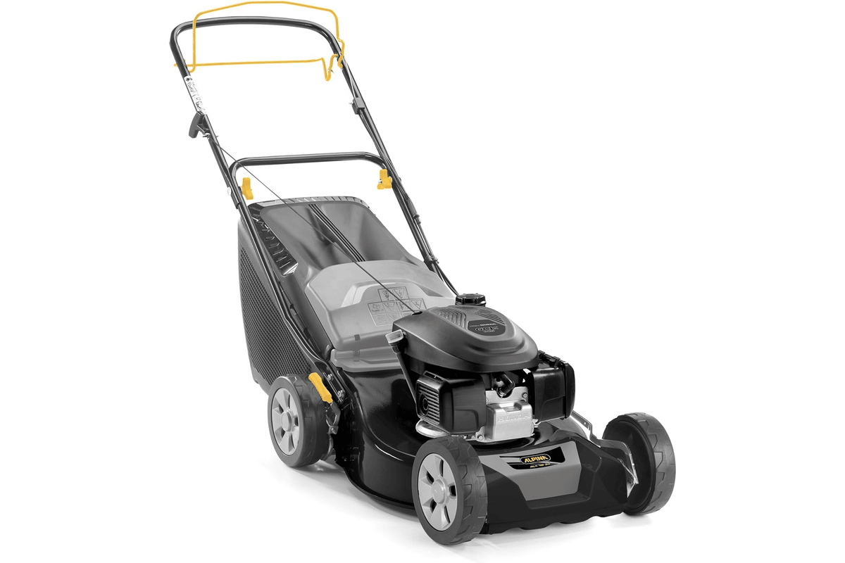 Tondeuse à essence tractée Alpina AL4 46 SH moteur 145 cc largeur de coupe 46 cm bac de ramassage jardin 400 1000 m2