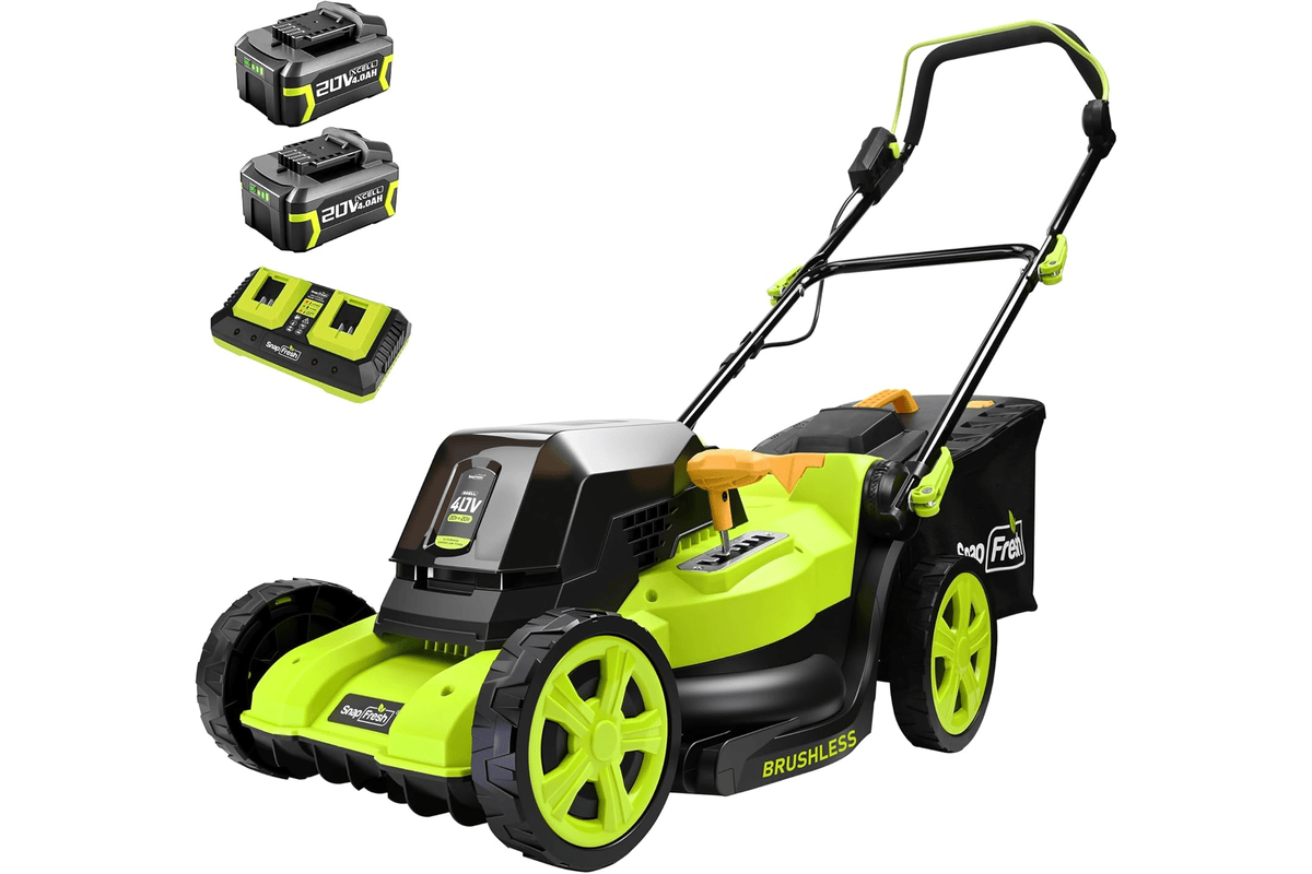 Tondeuse à gazon sans fil électrique SnapFresh 40V largeur de coupe 40 cm bac de ramassage 42 litres format poussé silencieuse
