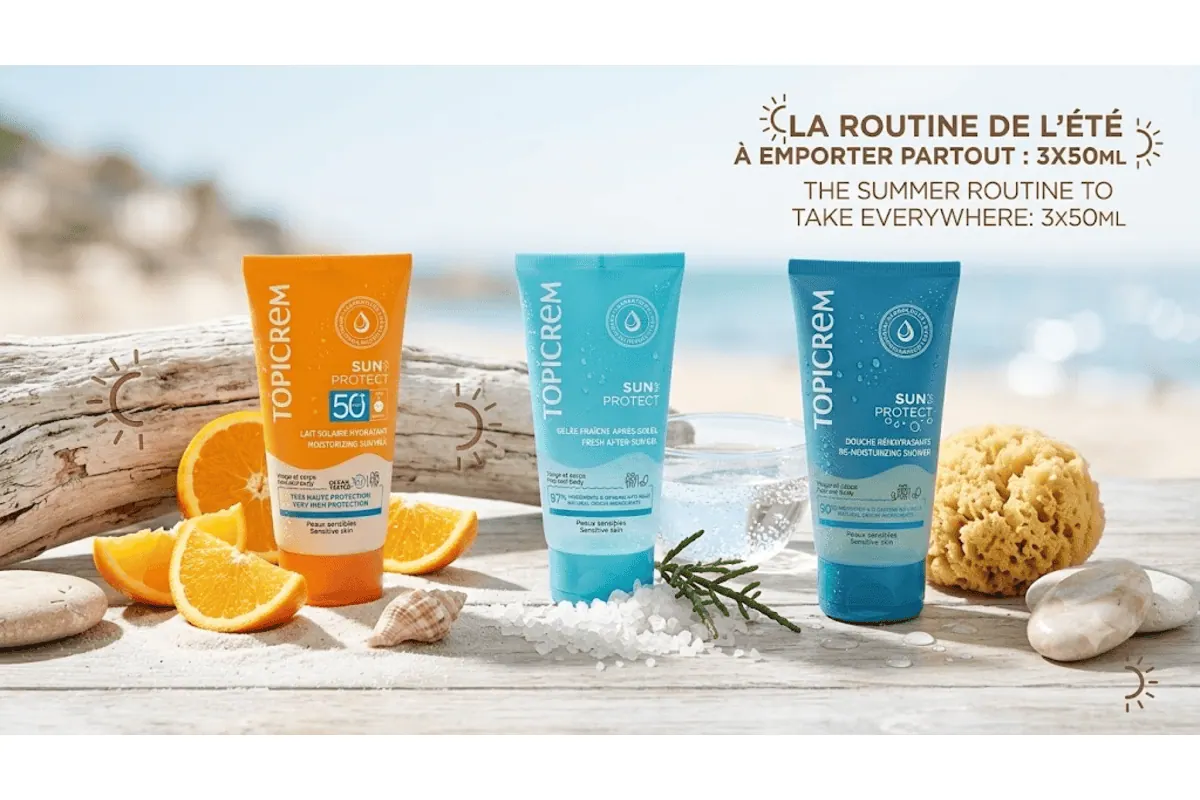 Bon plan Topicrem étui solaire SPF50+ 3 produits 50 ml lait solaire hydratant gelée après-soleil douche réhydratante format voyage Perfumes Club