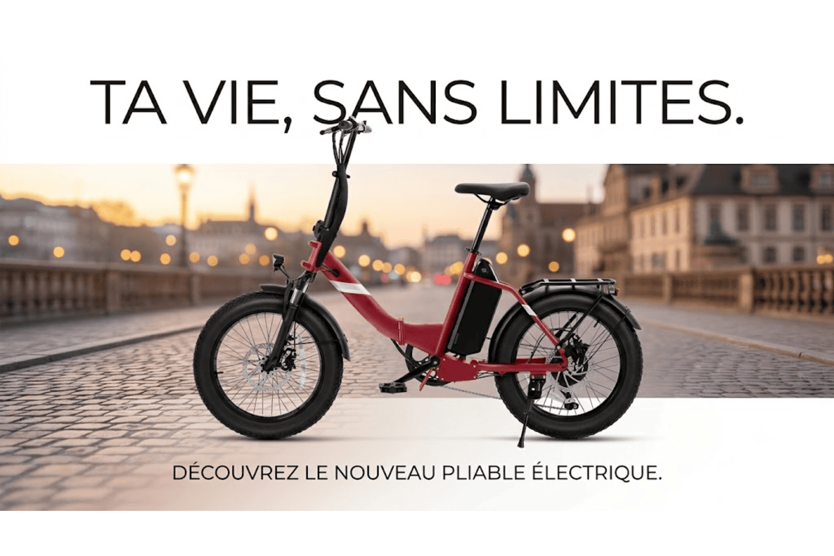 Touroll S3 vélo électrique pliant rouge fat bike pneus 20 pouces tout-terrain moteur 450 W batterie 468 Wh pavés parisiens pont coucher de soleil ta vie sans limites pliable