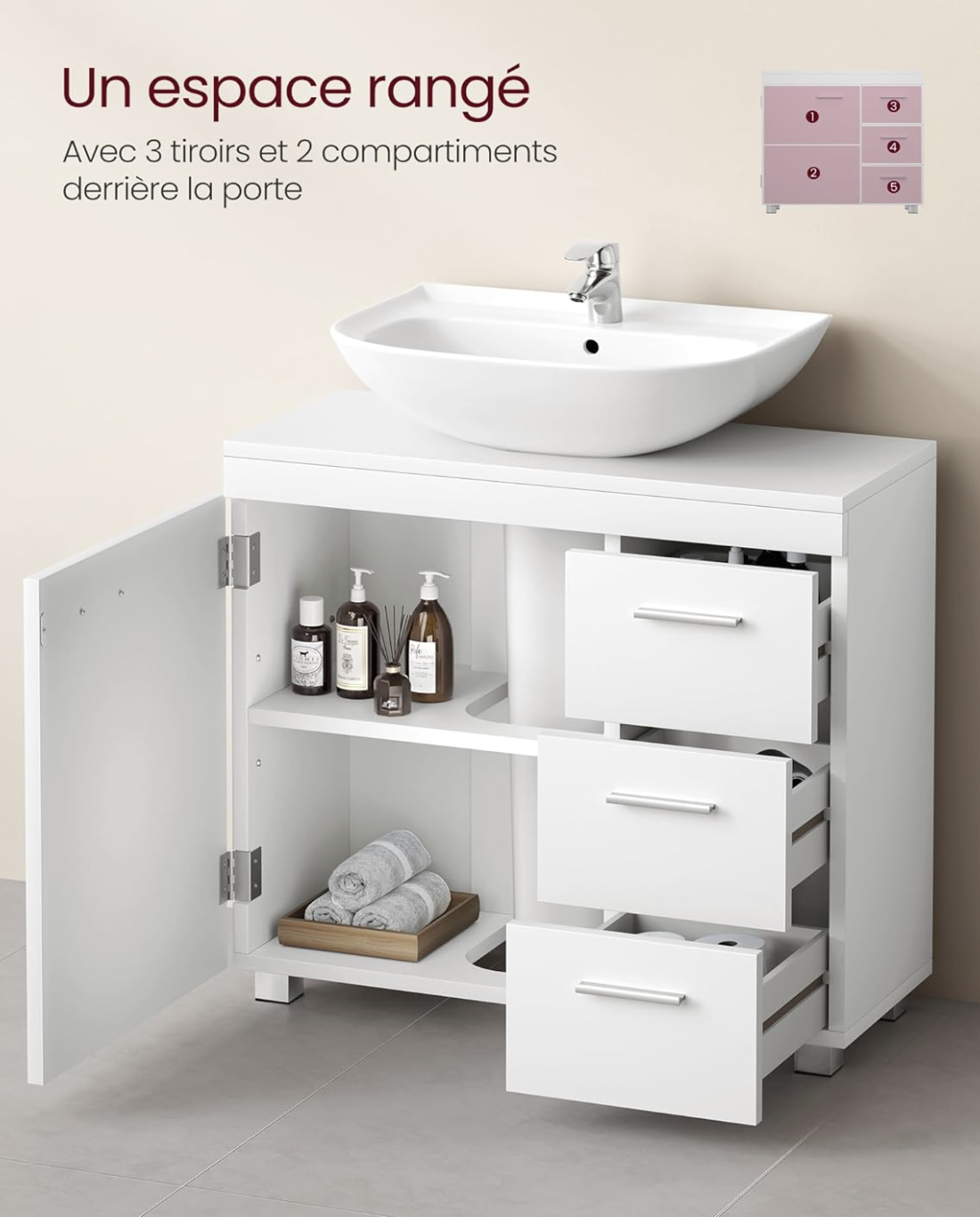 Vasagle Meuble sous Lavabo : 3 tiroirs et 2 compartiments pour tout ranger