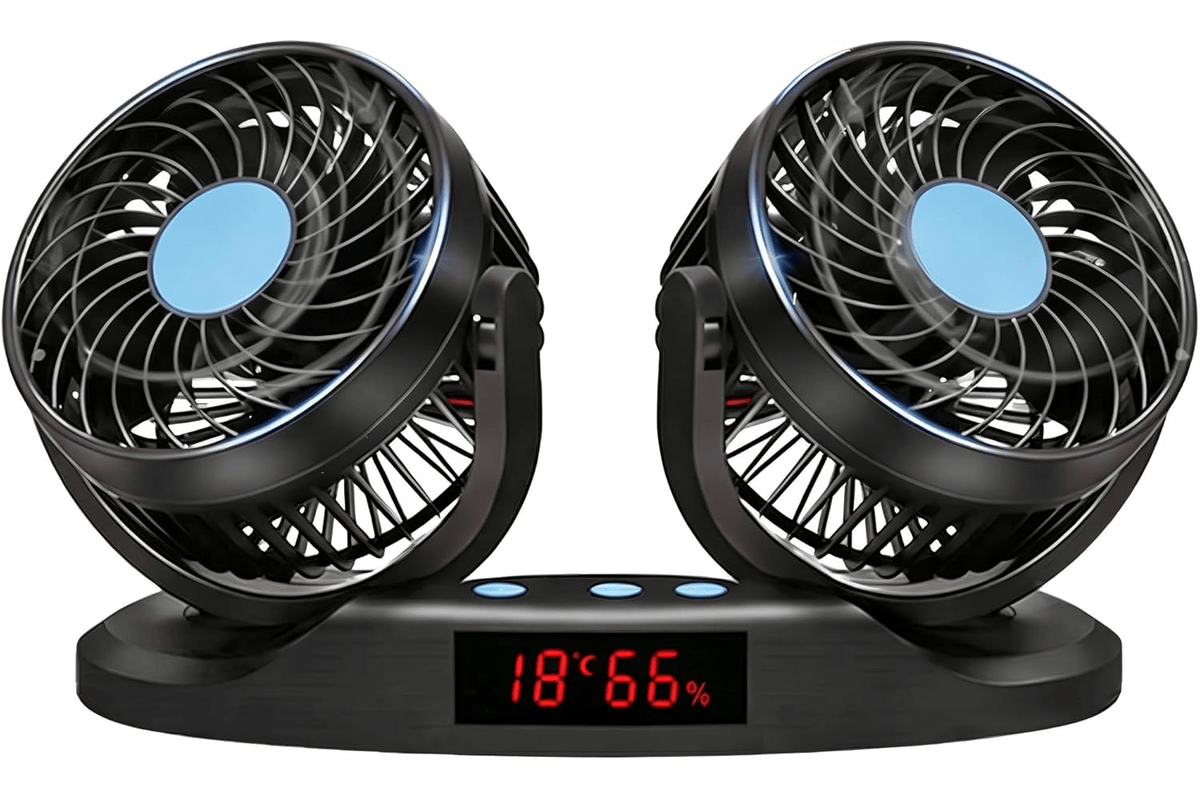 Ventilateur voiture 12V double tête 12 vitesses rotation 360 degrés affichage digital premium conducteur passager