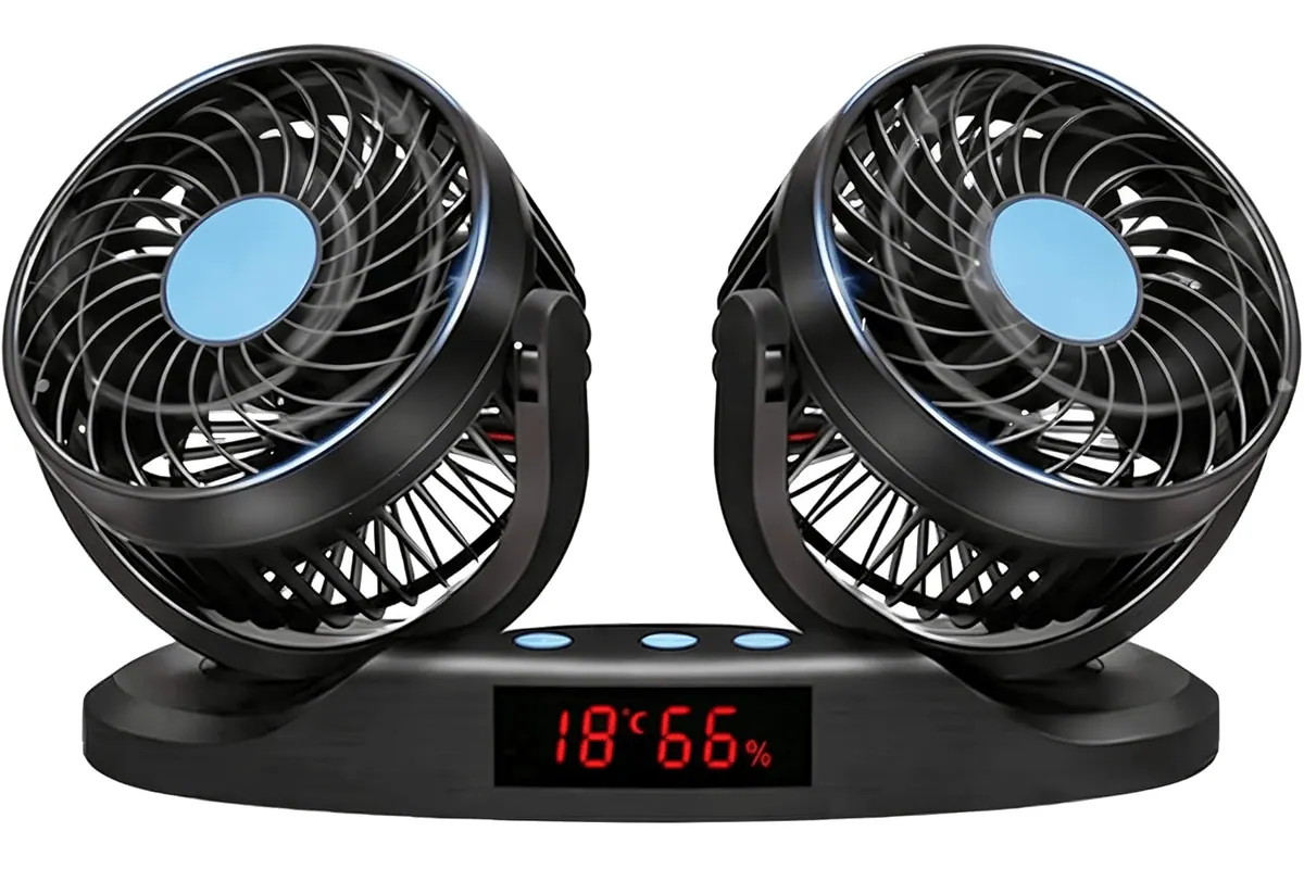 Ventilateur voiture 12V double tête 12 vitesses rotation 360 degrés affichage digital premium conducteur passager