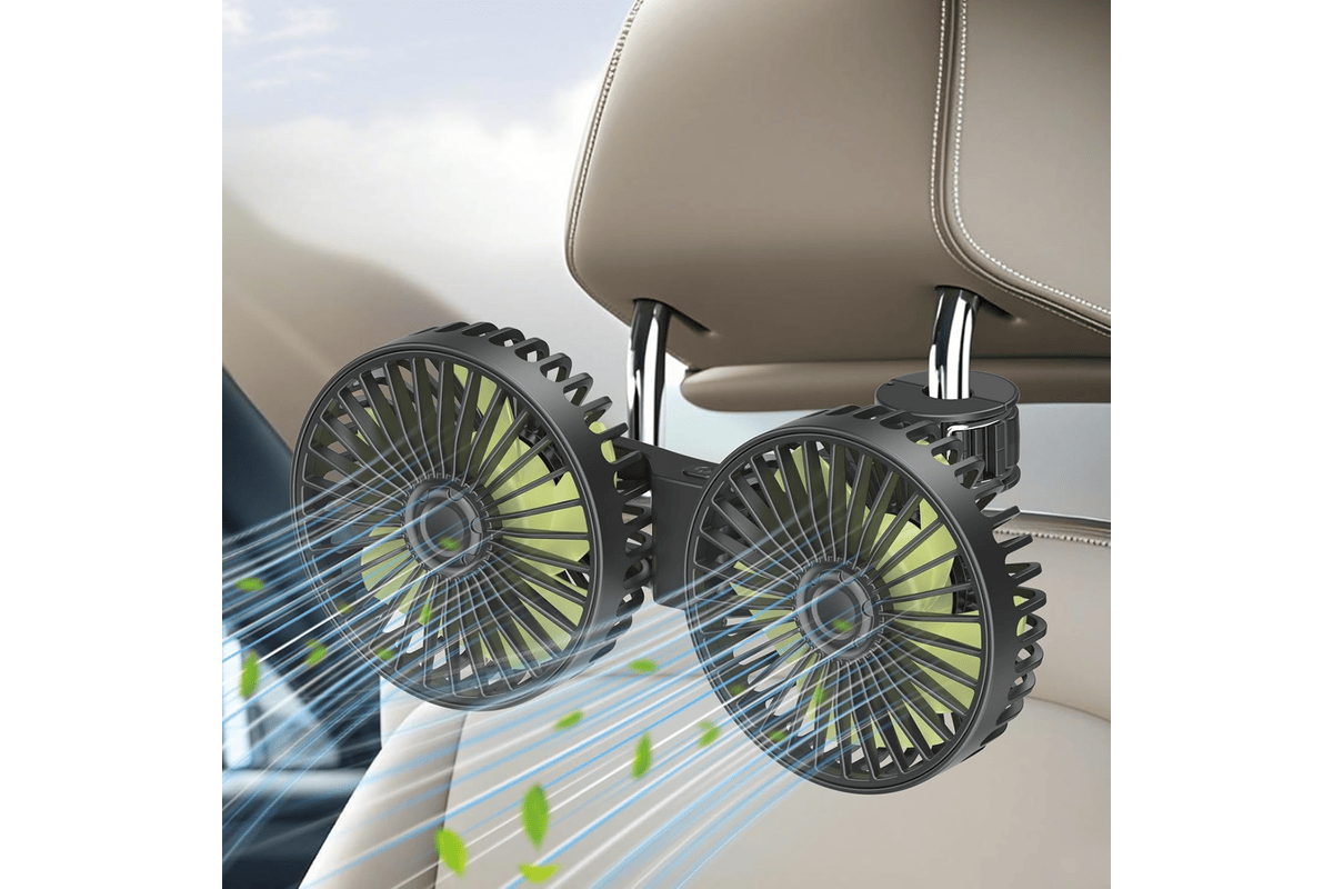 Ventilateur voiture Qidoe double tête USB siège arrière 3 vitesses réglables rotation 360 degrés passagers