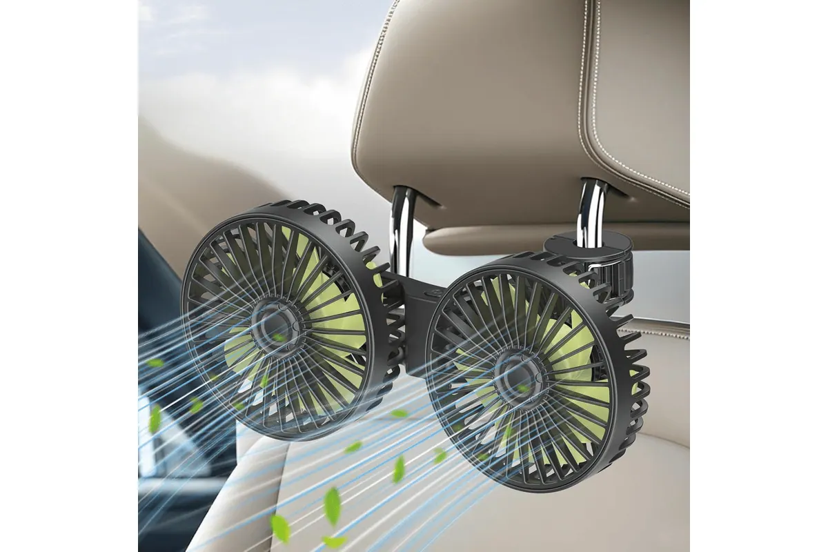Ventilateur voiture Qidoe double tête USB siège arrière 3 vitesses réglables rotation 360 degrés passagers