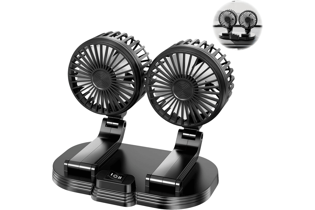 Ventilateur voiture USB double tête portable rotation 360 degrés long trajet canicule clim arrière