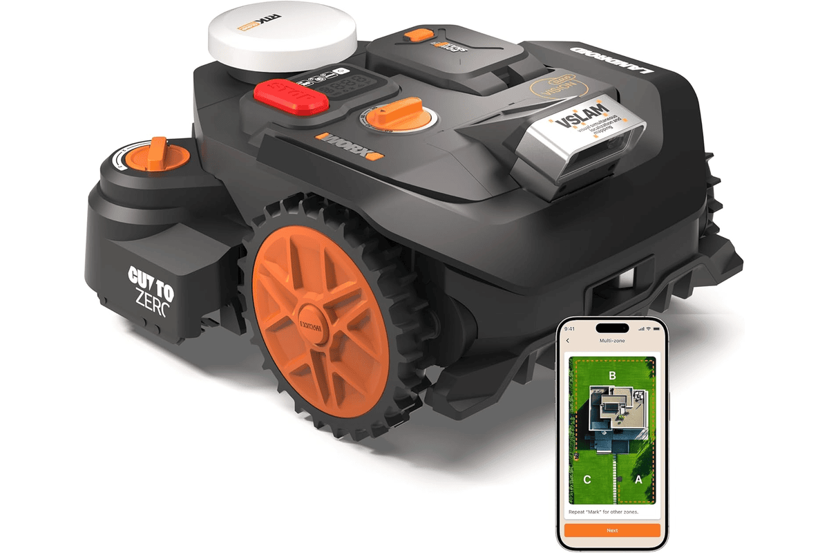 Worx Vision Cloud 2WD robot tondeuse WR306E sans fil perimetrique jusqu a 600 metres carres evitement obstacles IA navigation VSLAM RTK