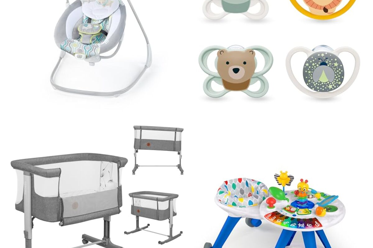 Hub bons plans bebe Amazon mai 2026 mosaique 4 produits balancelle Ingenuity sucettes NUK lit Lionelo trotteur Baby Einstein