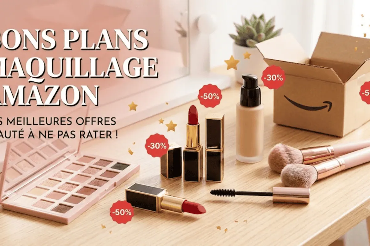 Bons plans maquillage Amazon — fond de teint, mascara, rouge à lèvres, palette eyeshadow et pinceaux des marques NYX, Maybelline, L'Oréal Paris, Rimmel, Garnier jusqu'à (palette nude, rouges à lèvres mat, foundation, mascara et pinceaux sur table beige rosée avec carton Amazon)