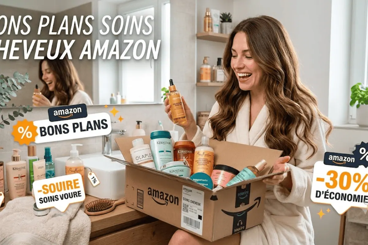 Bons plans soins cheveux Amazon — shampoings, masques et huiles capillaires Kérastase, L'Oréal Elsève, Olaplex, Moroccanoil, Garnier Fructis, OGX, Pantene, Nuxe en promo jusqu'à (femme déballant un colis Amazon de soins capillaires)