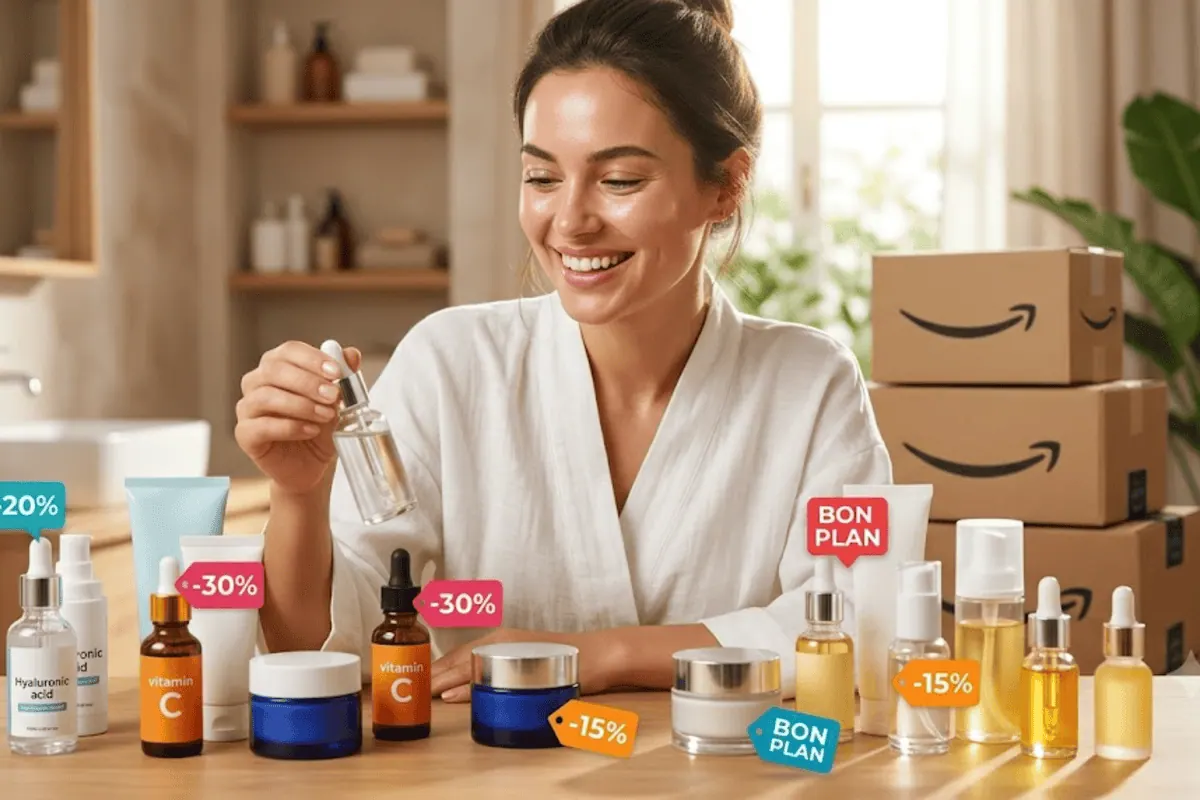 Bons plans soins visage Amazon — sérums (acide hyaluronique, vitamine C, niacinamide), crèmes hydratantes, eaux micellaires et écrans solaires des marques dermatologiques (CeraVe, La Roche-Posay, Garnier, Bioderma, Neutrogena, Nivea, The Ordinary) jusqu'à -40% de remise