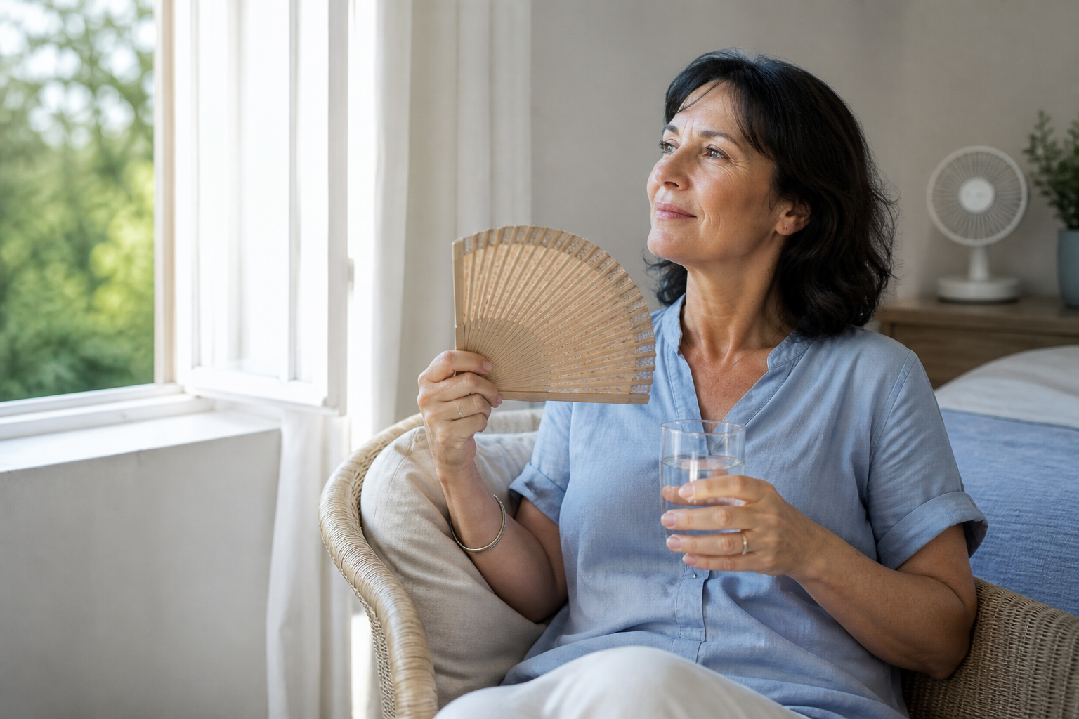 Femme à la ménopause se rafraîchissant avec un éventail près d'une fenêtre