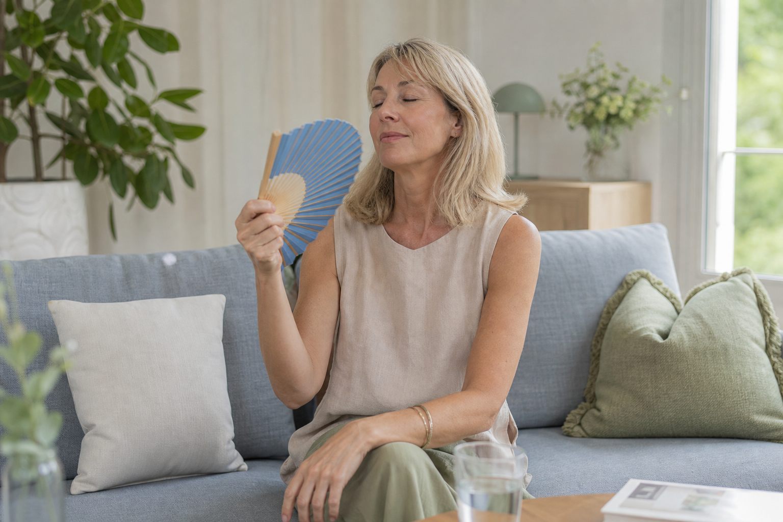 Femme utilisant un éventail dans un intérieur lumineux pendant une sensation de chaleur