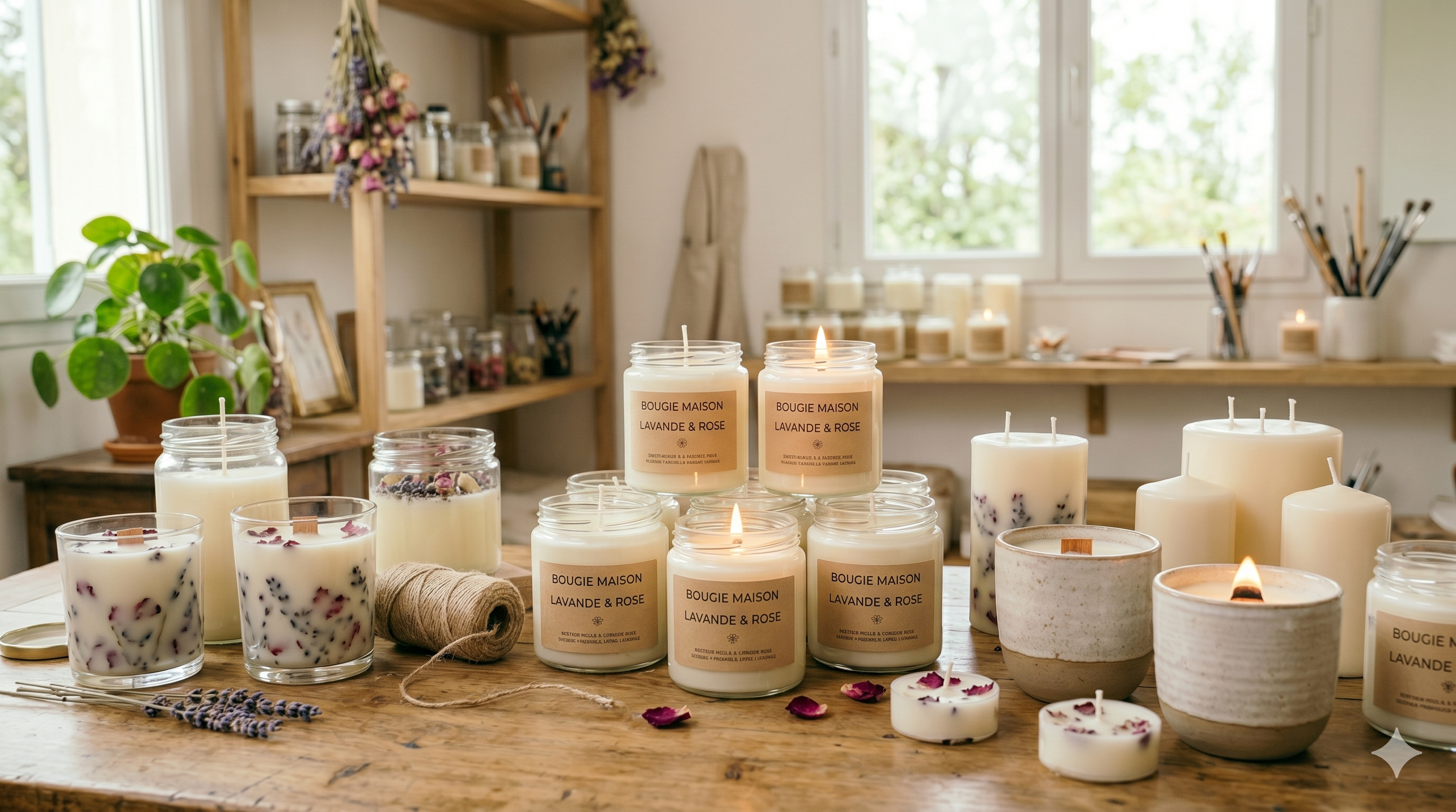 Collection de bougies parfumées maison DIY dans pots en verre avec étiquettes lavande rose