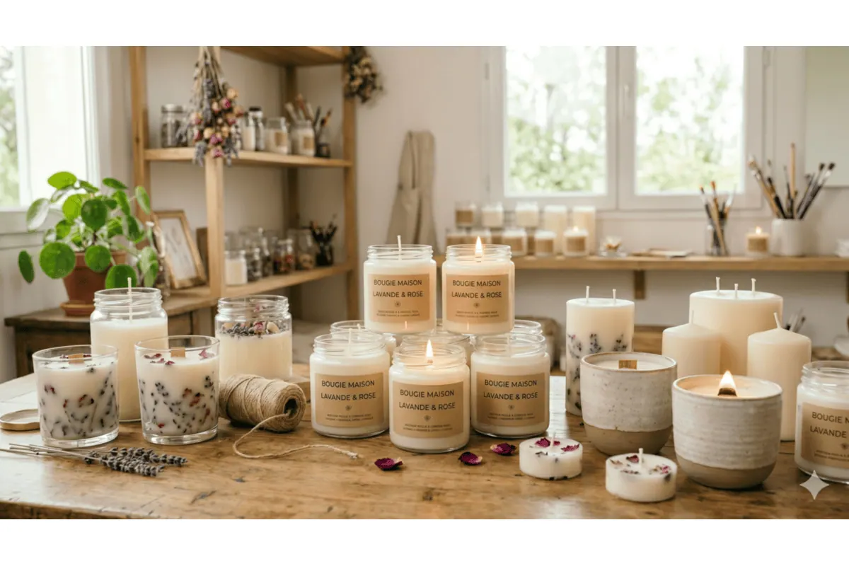 Collection de bougies parfumées maison DIY dans pots en verre avec étiquettes lavande rose