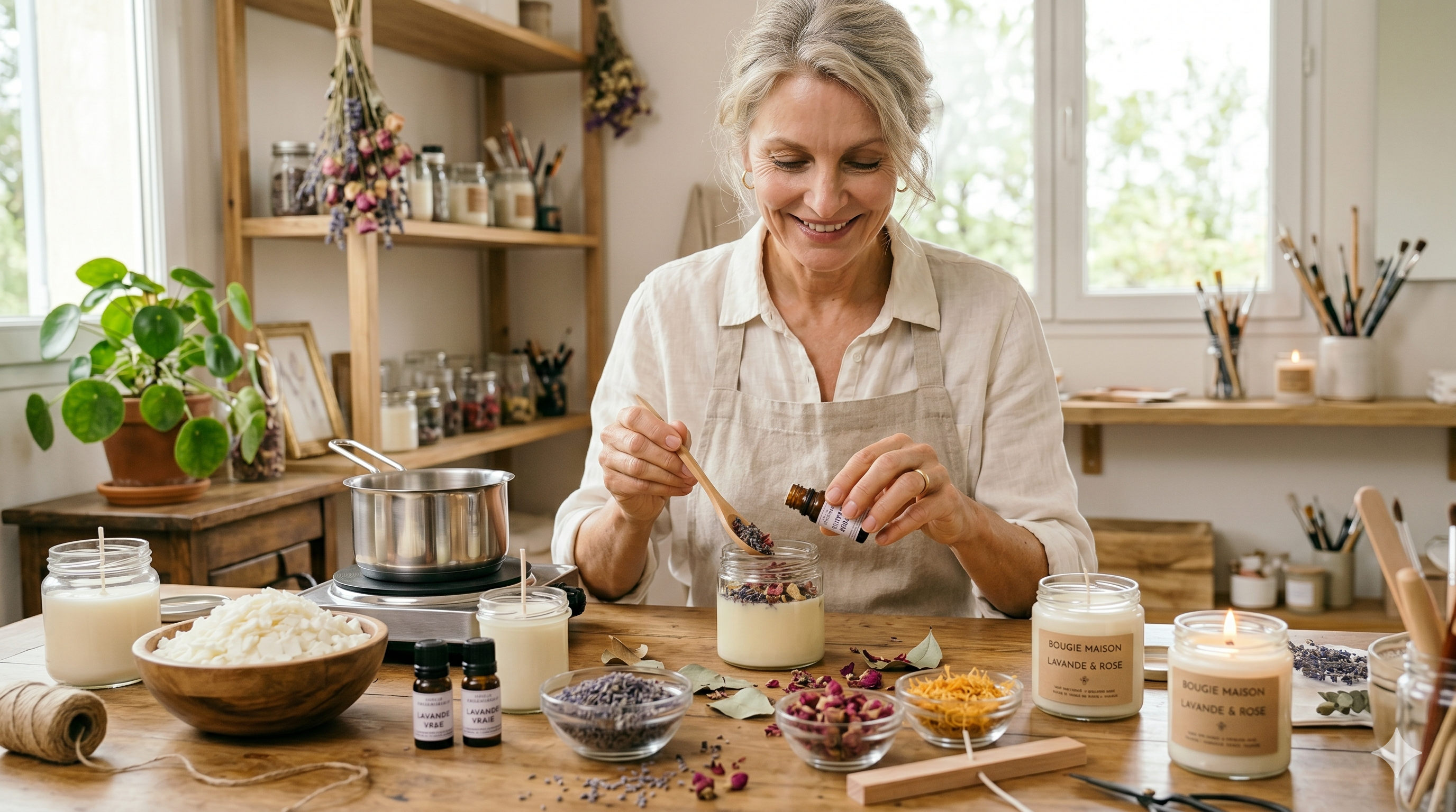 Femme fabricant des bougies parfumées maison DIY avec cire végétale huiles essentielles et fleurs séchées