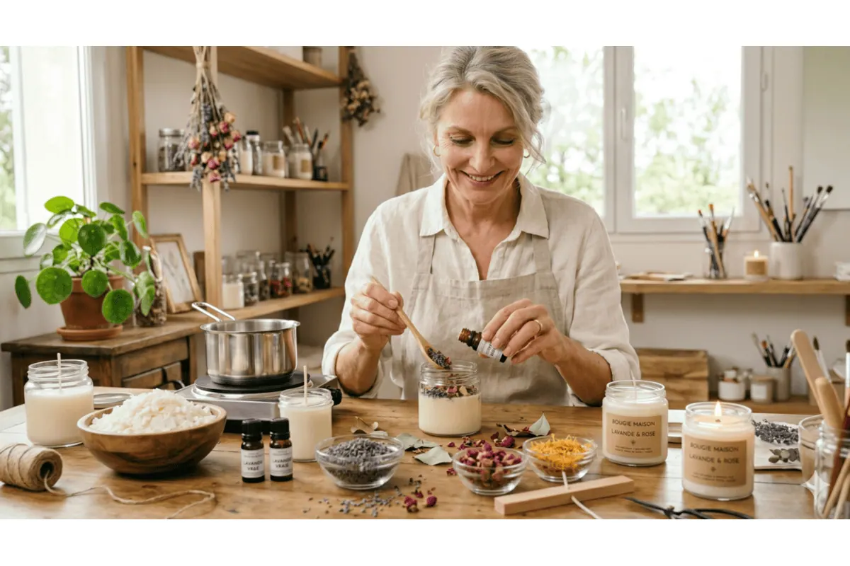 Femme fabricant des bougies parfumées maison DIY avec cire végétale huiles essentielles et fleurs séchées