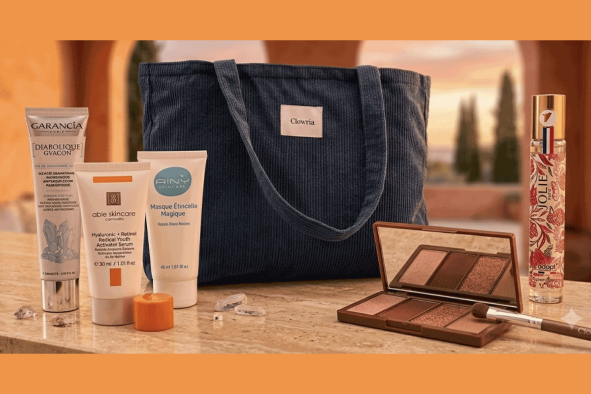 Tote bag bleu Glowria en velours côtelé avec la routine soins Garancia Able Skincare Aïny palette Bellapierre et parfum Adopt Jolie Paris