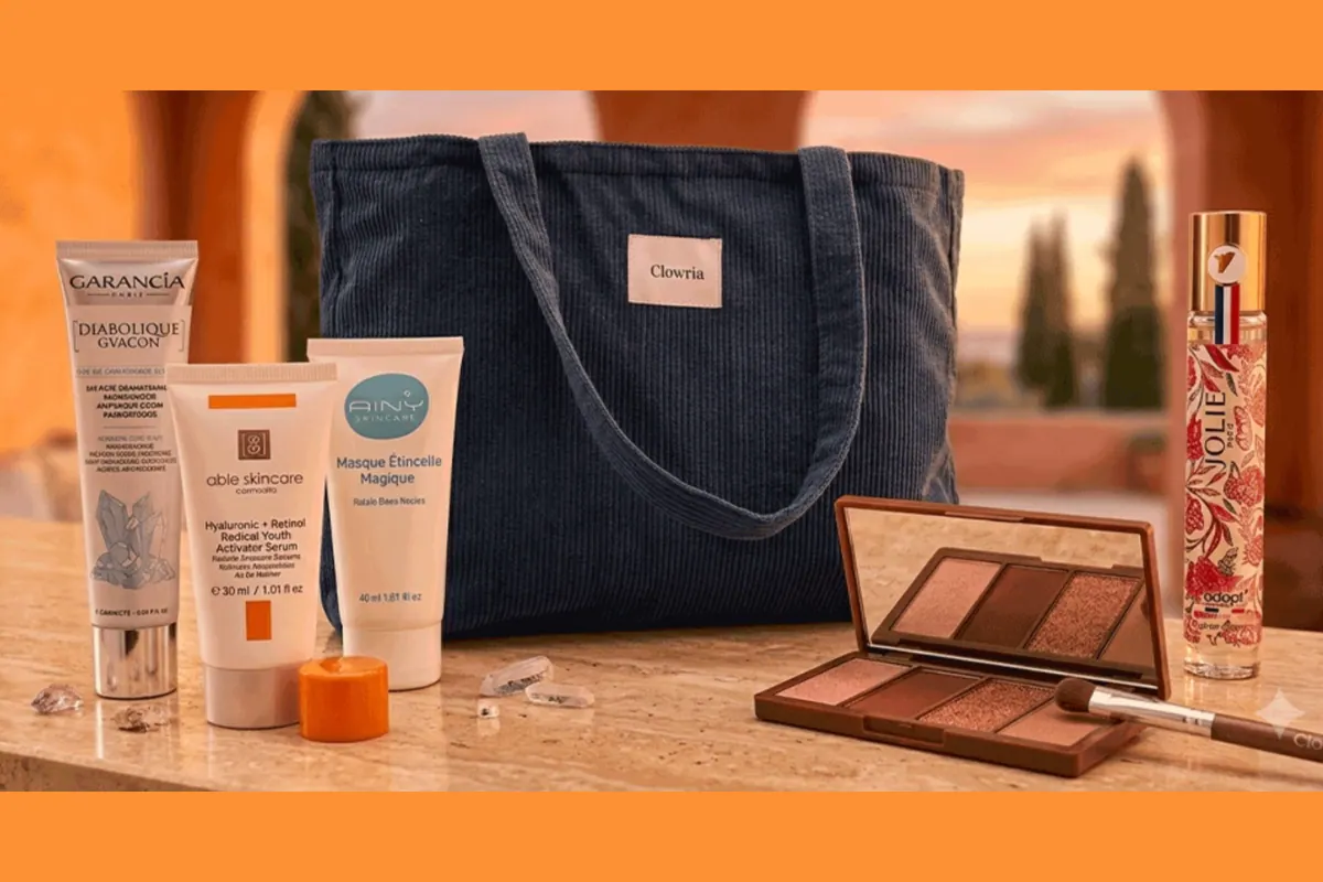 Tote bag bleu Glowria en velours côtelé avec la routine soins Garancia Able Skincare Aïny palette Bellapierre et parfum Adopt Jolie Paris