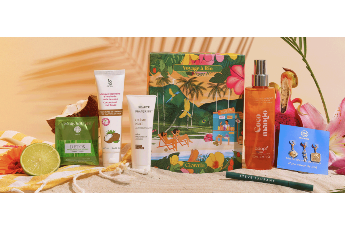 Box Glowria Voyage à Rio mai 2026 6 produits format vente eyeliner vert brume Coco Mango charms dorés