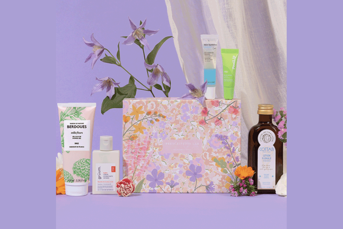 Box Prescription Lab Mille Éclats offerte avec gel douche Berdoues Mille Fleurs crème gruüm lotion florale Cottan contour des yeux Marionnaud peeling lèvres Trew