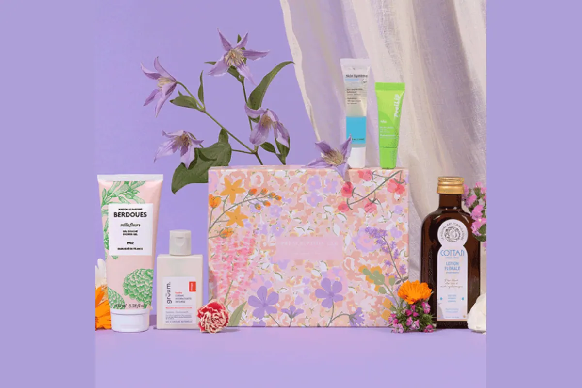 Box Prescription Lab Mille Éclats offerte avec gel douche Berdoues Mille Fleurs crème gruüm lotion florale Cottan contour des yeux Marionnaud peeling lèvres Trew