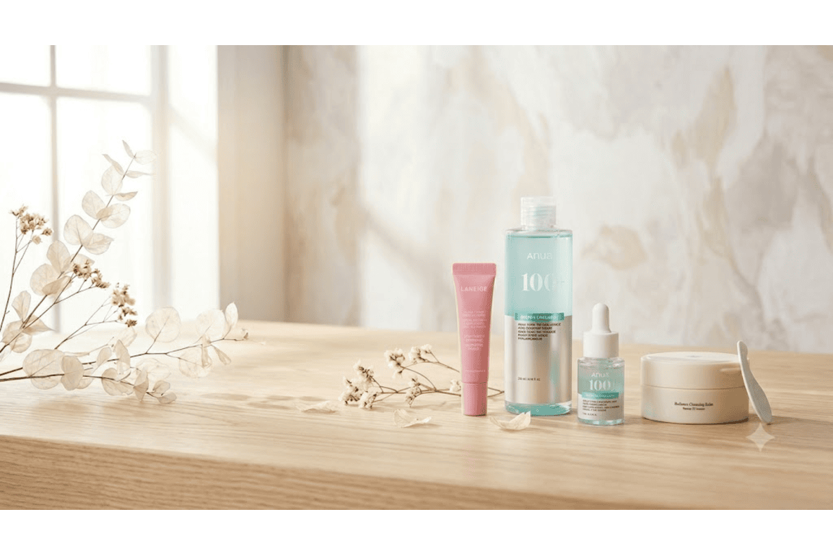 Lookfantastic L'Édition K-Beauty 3 ambiance épurée table bois clair sérum lèvres teinté LANEIGE Glaze Craze rose Strawberry Sprinkles Anua PDRN 100 lotion tonique hydration force grand format Anua sérum capsule pipette Beauty of Joseon baume Radiance pot blanc fenêtre lumière naturelle eucalyptus argenté séché ambiance soin coréen K-beauty minimaliste