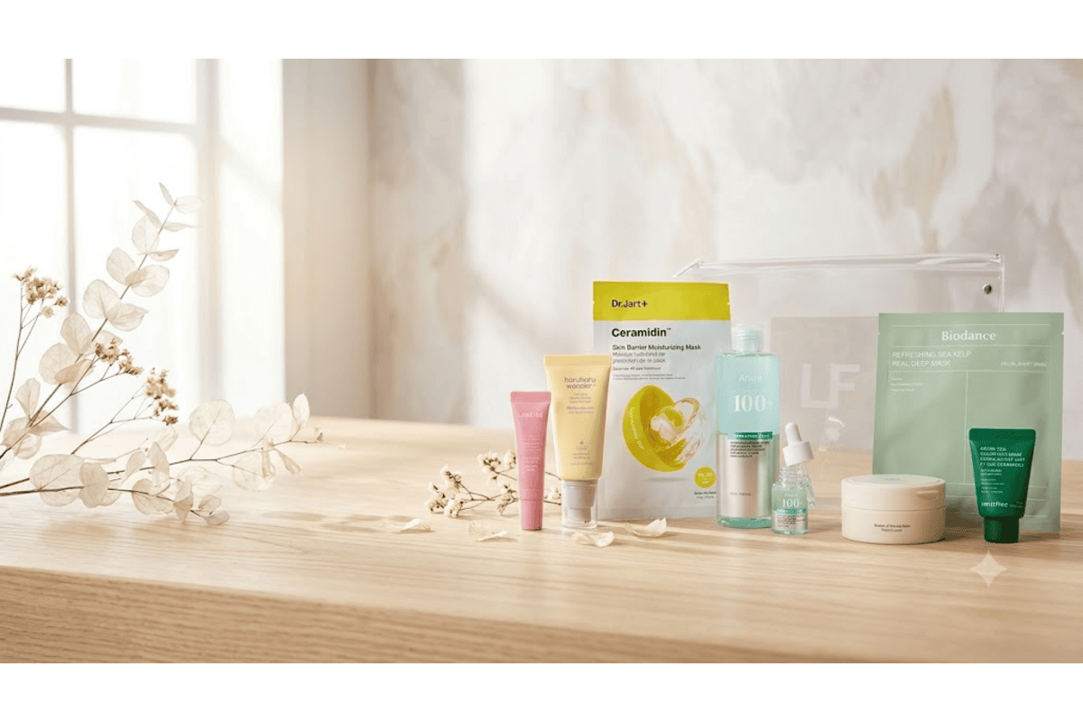 Lookfantastic L'Édition K-Beauty 3 trousse transparente PVC 8 soins coréens LANEIGE Glaze Craze tinted lip serum rose Strawberry Sprinkles Haruharu Wonder crème solaire airyfit riz noir SPF50 Dr Jart Plus Ceramidin masque tissu hydratant Anua PDRN 100 lotion tonique grand format Anua PDRN sérum capsule pipette Beauty of Joseon Radiance baume nettoyant pot crème Biodance masque profond varech sea kelp Innisfree crème céramides thé vert tube ambiance table bois clair fenêtre lumière naturelle eucalyptus séché K-beauty