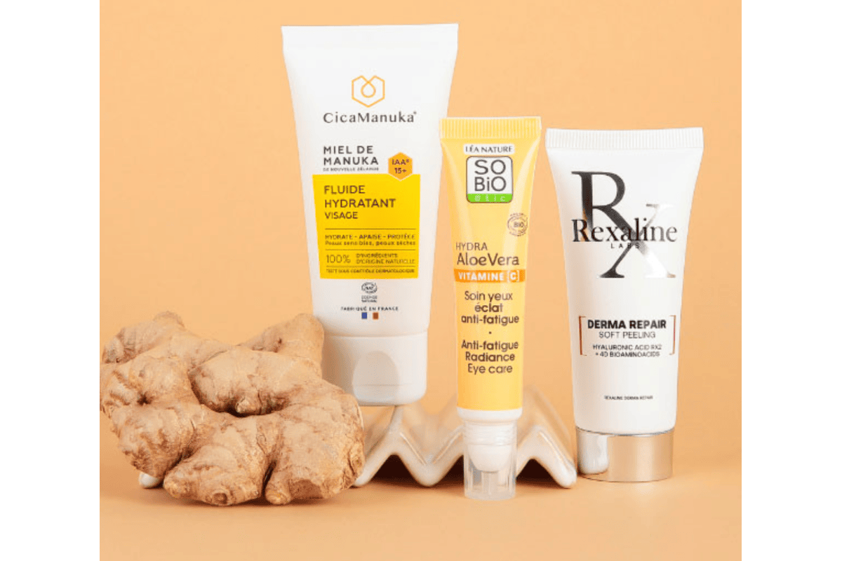 Soin yeux SO BiO etic + fluide hydratant Cicamanuka + peeling Rexaline Derma Repair de la box Bonne Mine