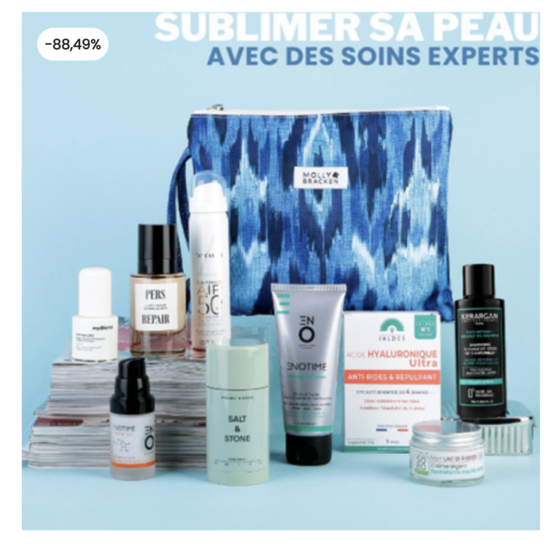 Box Marie Claire Skin Expert vue d'ensemble pochette bleue Molly Bracken et tous les produits
