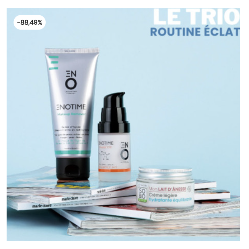 Box Marie Claire Skin Expert trio routine éclat Eno gelée démaquillante + sérum vitamine C + So Bio étic crème lait d'ânesse