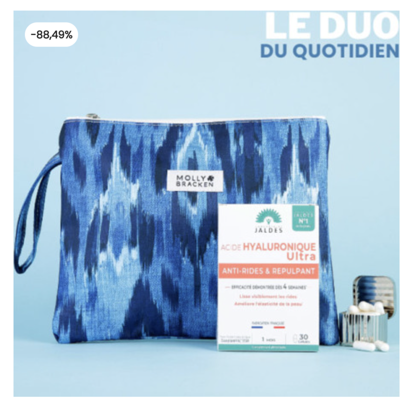 Box Marie Claire Skin Expert duo quotidien Molly Bracken pochette + Jaldes acide hyaluronique compléments